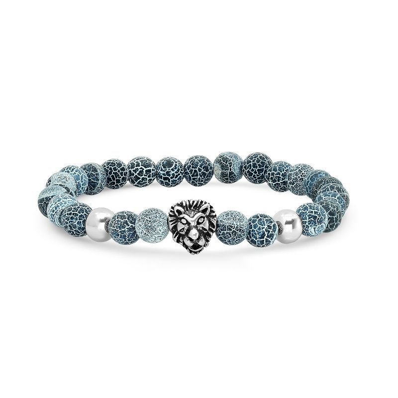 Steeltime Men's gray agate and stainless steel lion head beaded bracelet