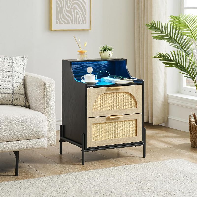 Modern Rattan Nightstand with Charging Station & LED Light – Stylish Bedside Table with 2 Drawers
