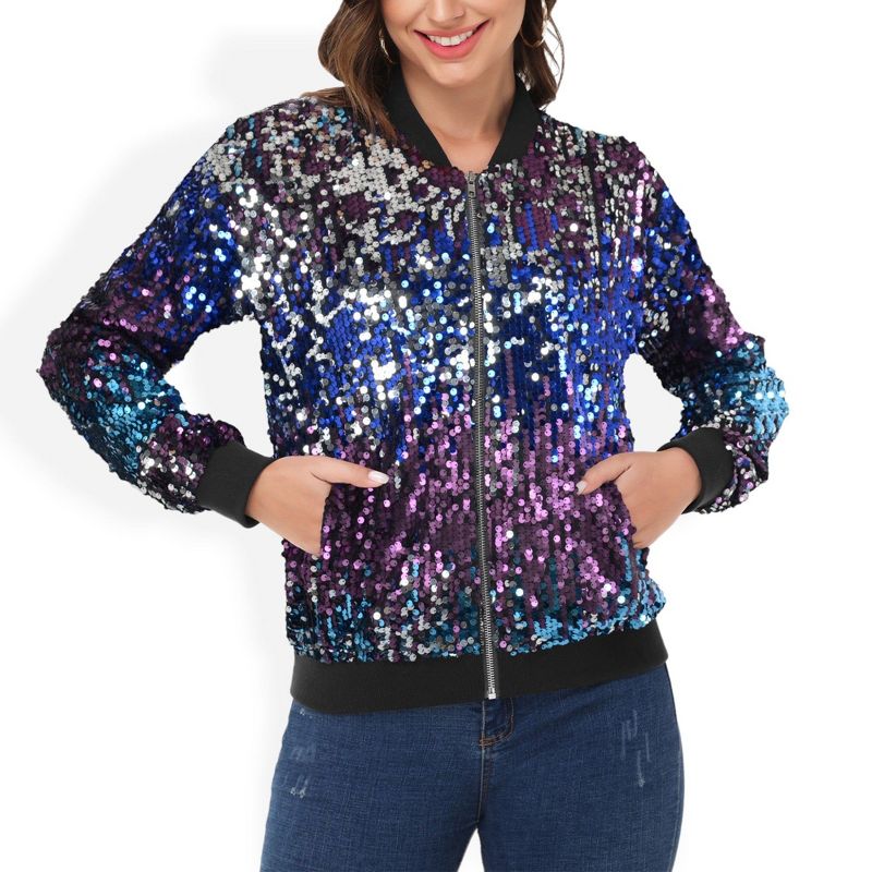 Anna-Kaci Women's Sequin Design Jacket Sparkle Long Sleeve Front Zip Casual Blazer Bomber Jacket With Pockets - Large, Midnight