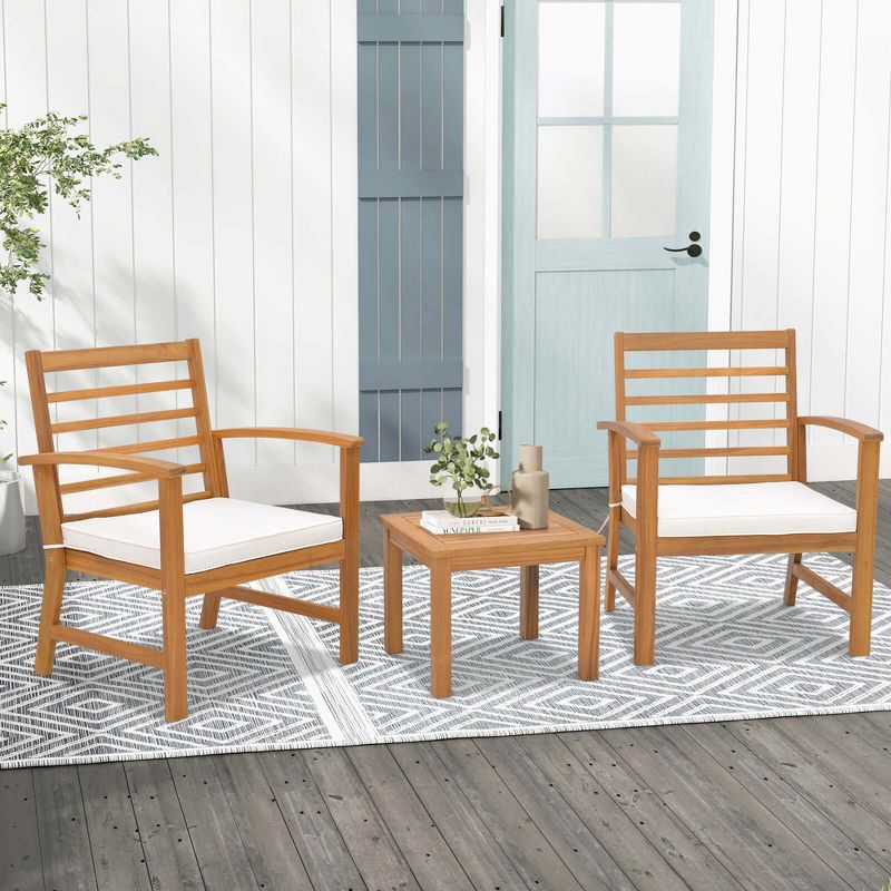Costway 3 PCS Outdoor Furniture Set Acacia Wood Conversation Set with Soft Seat Cushions White