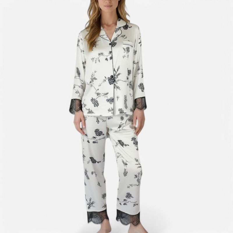 Anna-Kaci Lounge Women's Satin Pajama Set with Floral Print and Lace Trim Cuffs and Hem - Small, Black