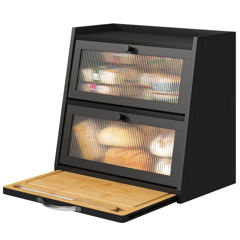 MOEPISY Black Bamboo Bread Box with Cutting Board, Storage Container for Kitchen Counter