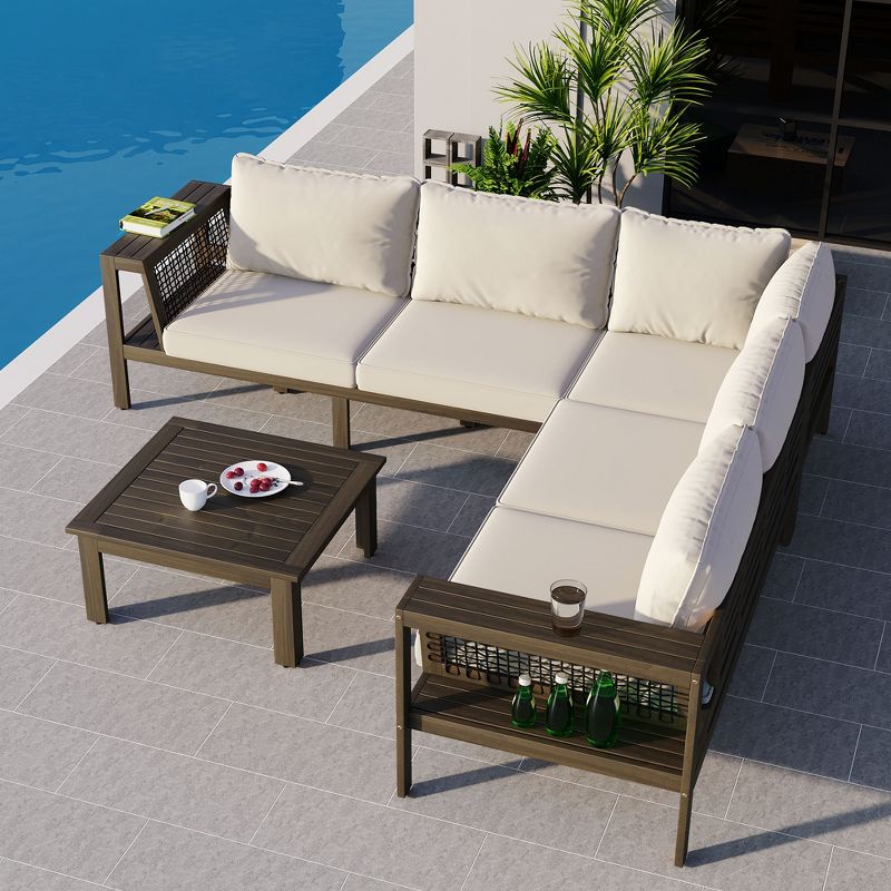 Whisen 4-Piece Acacia Wood L-Shaped Outdoor Sofa Set with Woven Mesh Armrests & Coffee Table - Beige