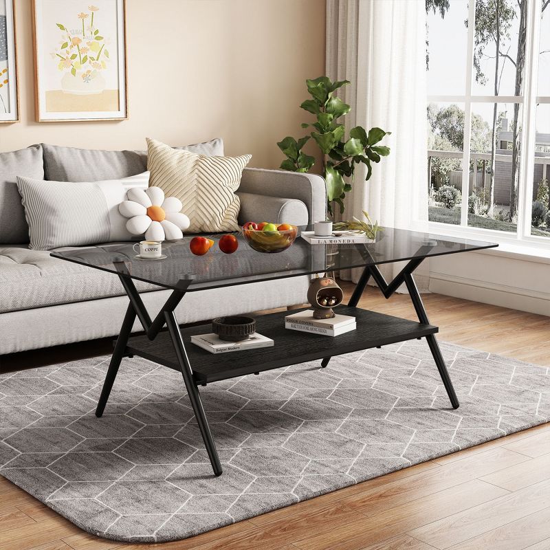 Sapphtopaz Modern Rectangle Coffee Table Tempered Glass Coffee Table with Shelf Home Decor Living Room Furniture Center Table for Living Room, Gray