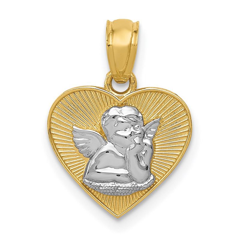 Black Bow Jewelry 14k Yellow Gold & White Rhodium Guardian Angel Heart Pendant, 13mm