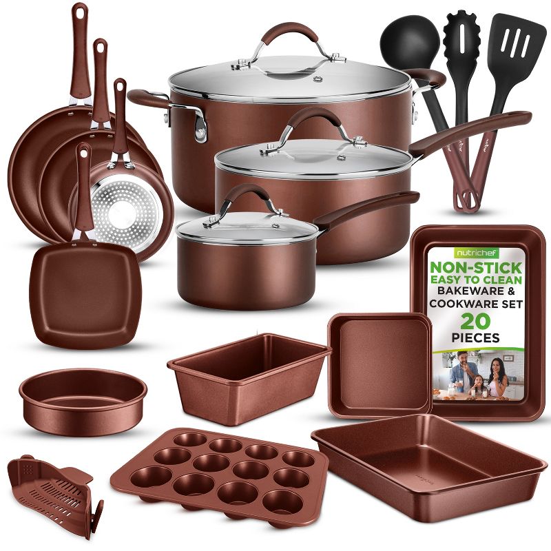 NutriChef 20-Pc. Nonstick Kitchen PTFE/PFOA/PFOS-Free Heat Resistant Silicone Handles Cookware Bakeware Set w/Saucepan, Brown