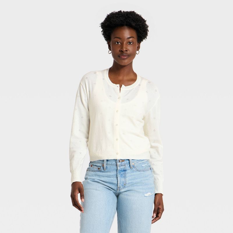 Women's Pointelle Button-Down Cardigan - A New Day™ Cream M