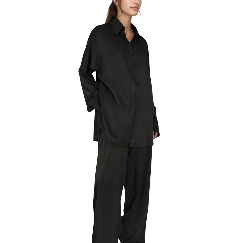 Anna-Kaci Lounge Women's Relaxed Fit Satin Button-Down Shirt and Wide Leg Pants Two-Piece Lounge Pajama Set - Medium, Black