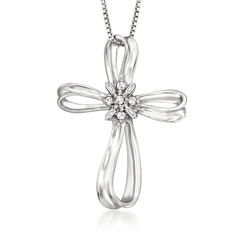 Ross-Simons 0.10 ct. t.w. Diamond Ribboned Cross Pendant Necklace in Sterling Silver Size 20