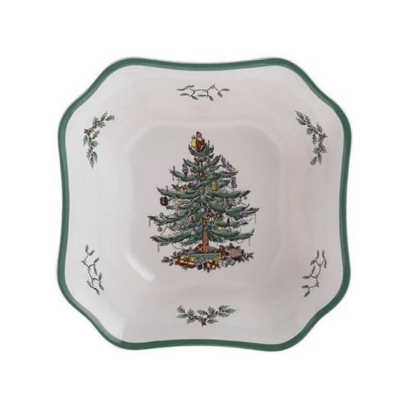 Spode Christmas Tree 9.5-Inch Square Salad Bowl - Ceramic Earthenware Serving Bowl - Festive Holiday Dinnerware with Iconic Christmas Tree Design
