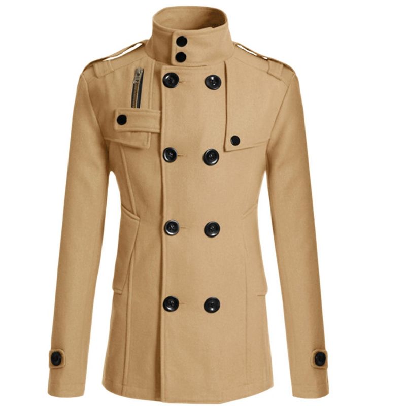Lars Amadeus Men's Winter Stand Collar Double Breasted Notch Lapel Pea Coats Khaki Large