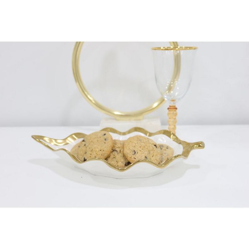 Classic Touch White Porcelain Leaf Dish Bowl with Gold Rim