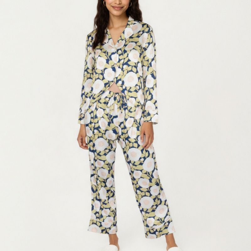 Anna-Kaci Lounge Women's 2-Piece Set Long Sleeve Button Front Pajama Set with Floral Print and Soft Silky Fabric for Relaxed Comfort - Medium, Beige