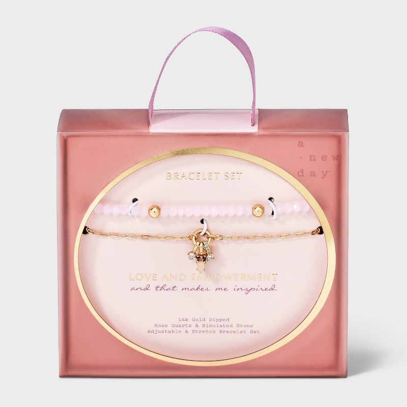 14k Gold Dipped Pink Stretch & Mixed Stone Bolo Bracelet Set 2 pc- A New Day™
