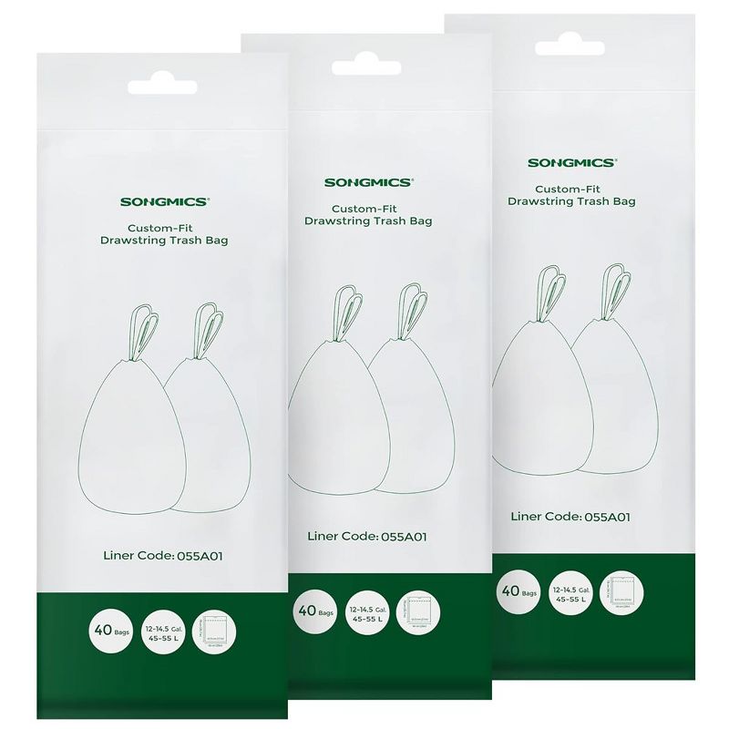 SONGMICS 120 Count Trash Bags for 12-14.5 Gallon Trash Cans, Drawstring Kitchen Garbage Bags, Pre-Separated, Liner Code 055A01, 3 Rolls