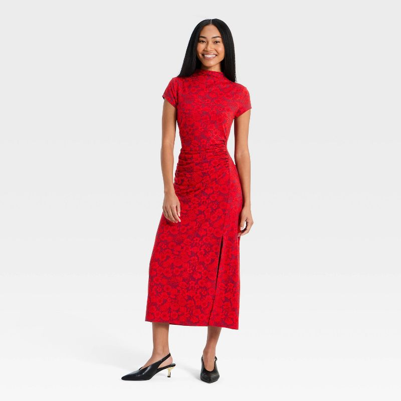 Women's Lunar New Year Cap Sleeve Midi A-Line Dress - Red Floral XL