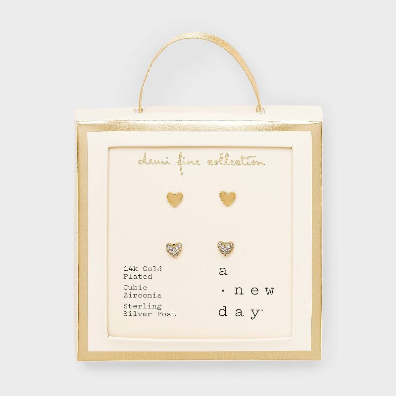 14k Gold Plated Brass Cubic Zirconia Valentines Pave Heart Earrings 2pc - A New Day™ Gold: Stud Design