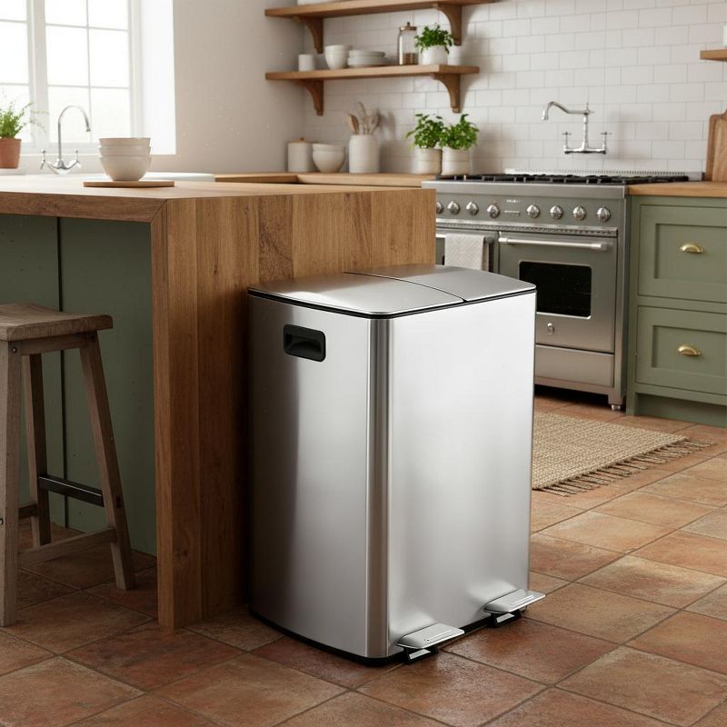 60L/16 Gal Kitchen Trash Can Dual Compartment Recycling Bin with Soft-Close Lid, Stainless Steel Garbage Can for Kitchen, Silver