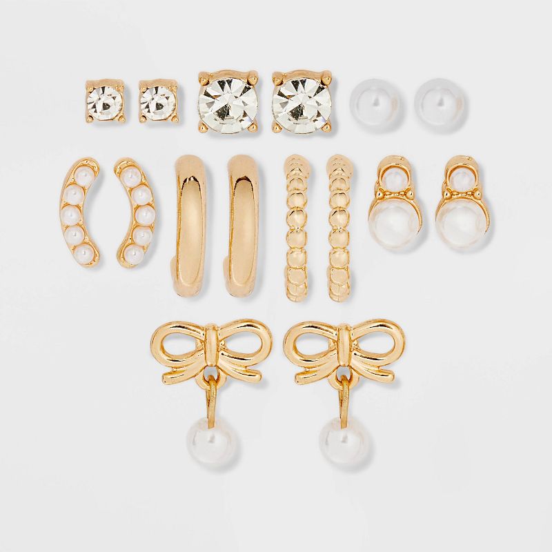 Bows and Pearls Earring Set 8pc - A New Day™ White: Nickel-Free Metal, Drop, Hoop, Stud Styles, Post Closure