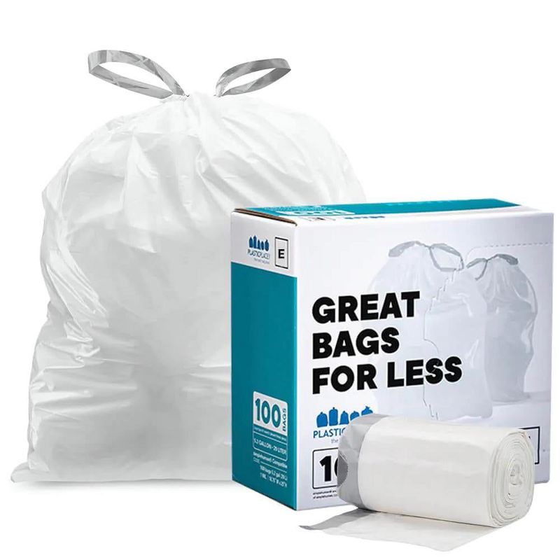 Plasticplace White Trash Bags Compatible with simplehuman Code E (100 Count) 5.2 Gallon / 20 Liter 18.75" x 20