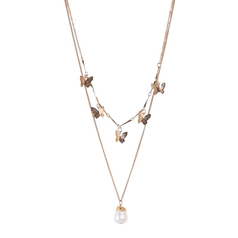 Slickblue Women's Pendant Necklace, Double Gold Chain with Butterfly and Pearl Charms, Trendy Style, 18-21.5"