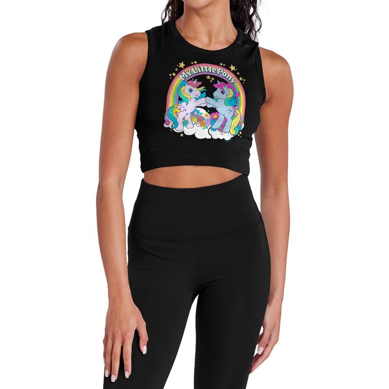 Women's My Little Pony Retro Unicorn Fist Bump Sleeveless Crop Top Tank Black X Large