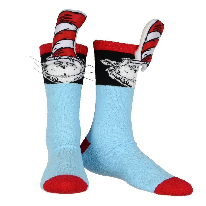 Cat in The Socks Hat 3D Striped Hat Design Chenille Men's Crew Socks