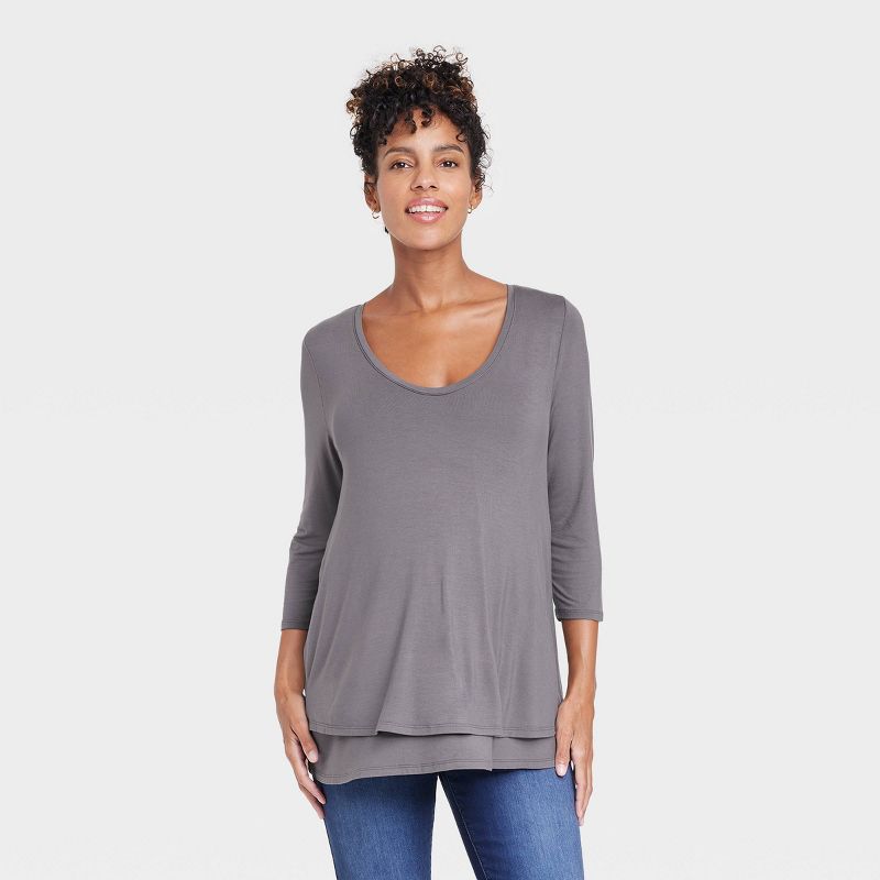 3/4 Sleeve Scoop Neck Nursing Maternity T-Shirt - Isabel Maternity by Ingrid & Isabel™ Gray XS: Pullover Knit Top