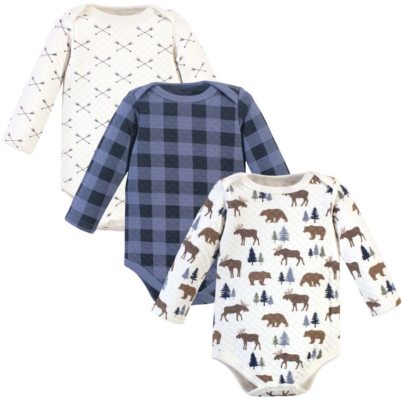 Hudson Baby Infant Boy Quilted Long-Sleeve Cotton Bodysuits 3pk, Moose Bear, 0-3 Months