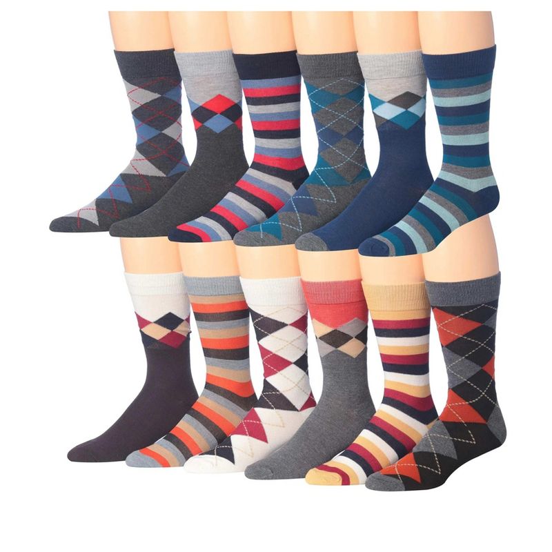 JAMES FIALLO Mens 12 Pairs Novelty Fashion Argyle Colorful Patterned Dress Socks for Men
