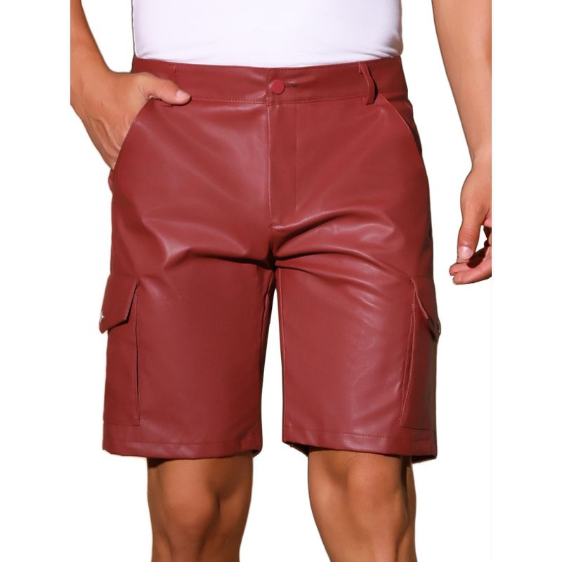 INSPIRE CHIC Men's Retro Cargo Pockets Party Biker Faux Leather Shorts Red 30