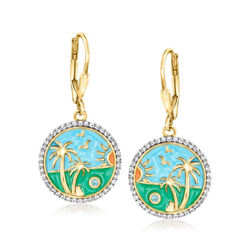 Ross-Simons 0.50 ct. t.w. White Topaz Beach Circle Drop Earrings With Multicolored Enamel and Swiss Blue Topaz in 18kt Gold Over Sterling