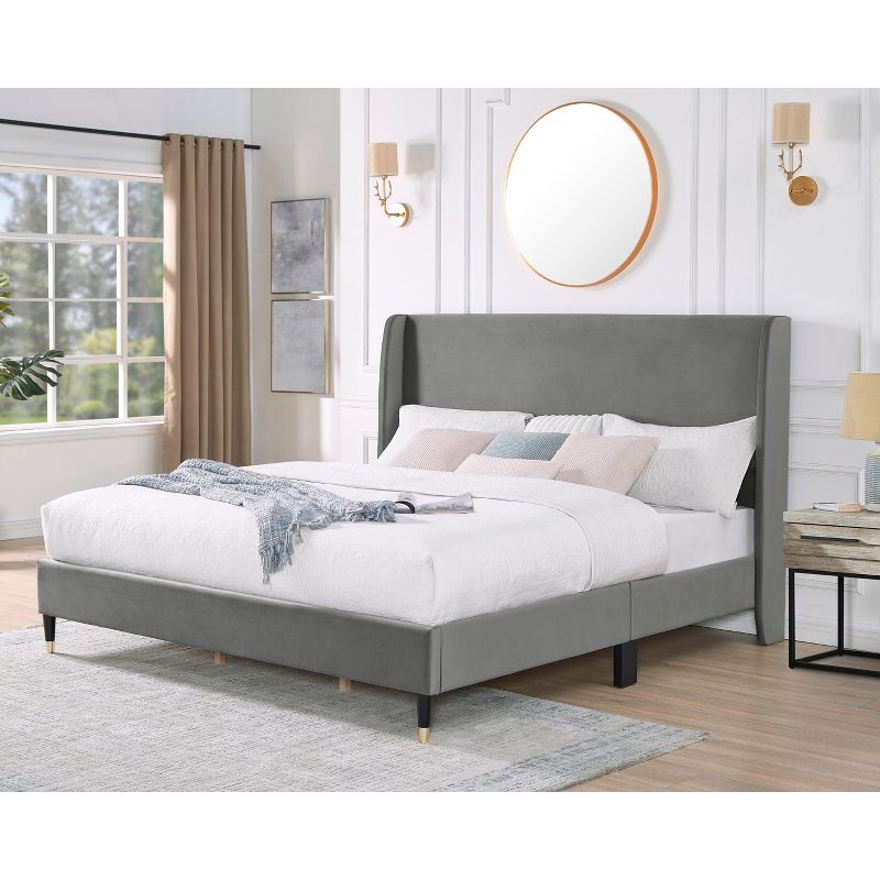 Sapphtopaz King Bed Frame Platform Bed with Velvet Wingback Headboard, Wood Slats Support Bedroom Furniture, No Box Spring Needed, Gray