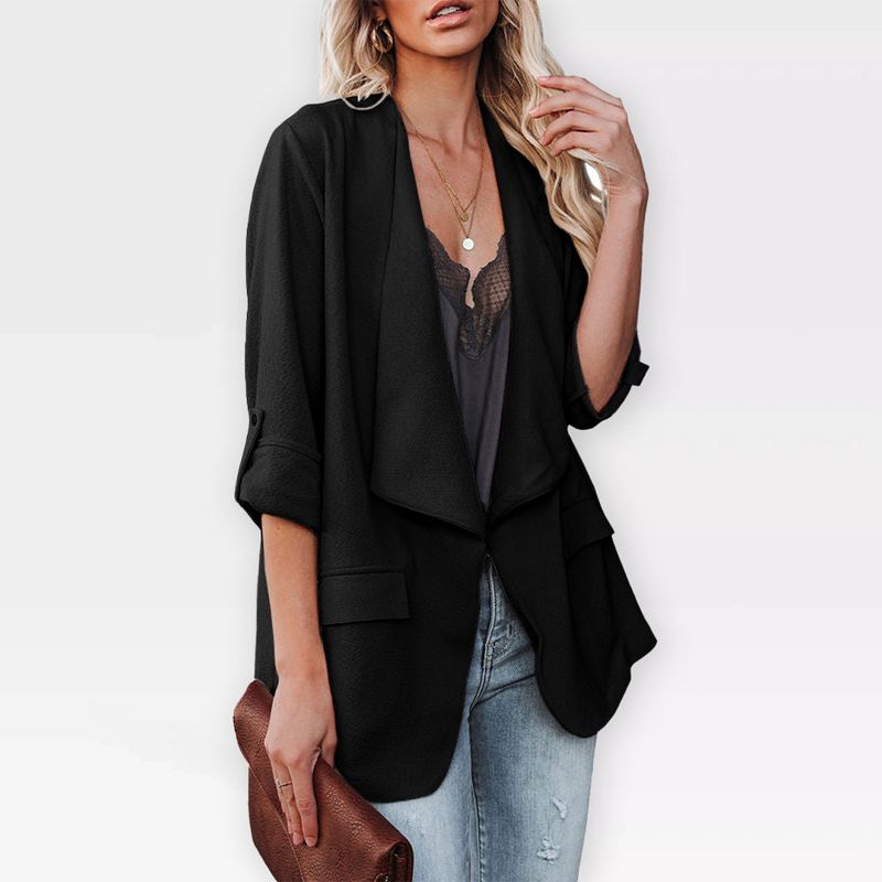 Womens Casual Blazer Jackets Roll Up Long Sleeve Open Front Jacket Loose Fit Longline Blazer Work Office Business Blazers,Black - S
