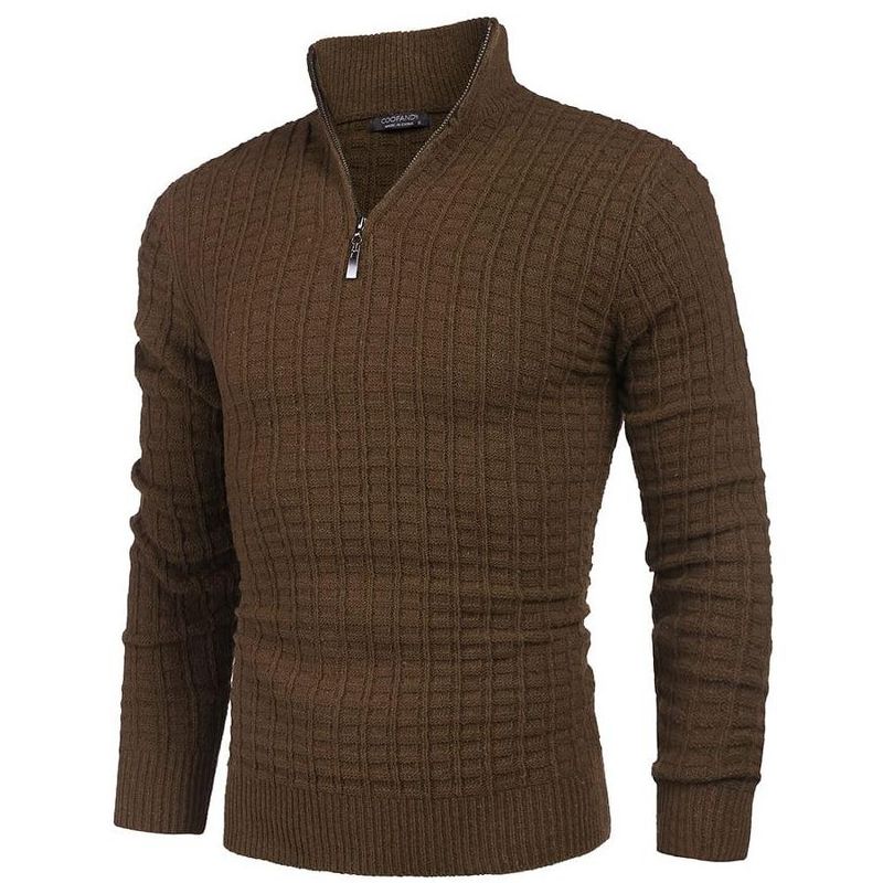 COOFANDY Men's Quarter Zip Sweaters Slim Fit Lightweight Cotton Knitted Casual Mock Neck Pullover Sweaters Brown M