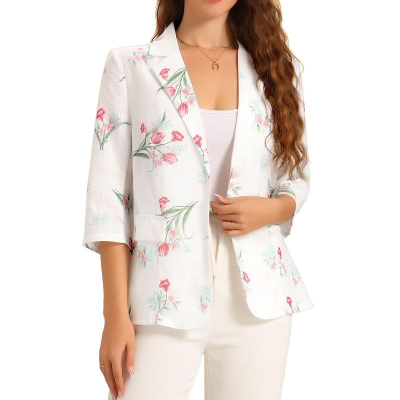 INSPIRE CHIC Women's Floral 3/4 Sleeve Notch Lapel Lightweight Casual Blazer Jacket White Small