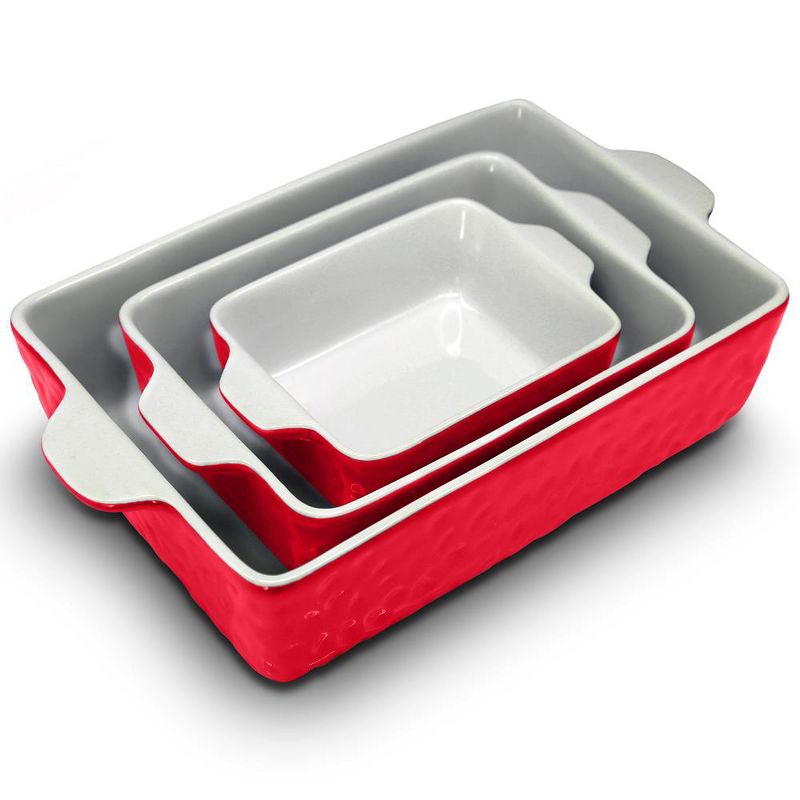 NutriChef 3-Pcs. Rectangular Ceramic Bakeware Set - Durable Non-Stick Ceramic Baking Pans, Dishwasher Safe (Red)