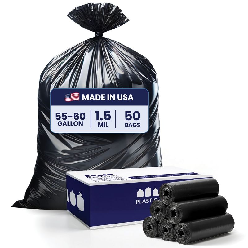 Plasticplace 55-60 Gallon Trash Bags, Black, 1.5 Mil (50 Count)