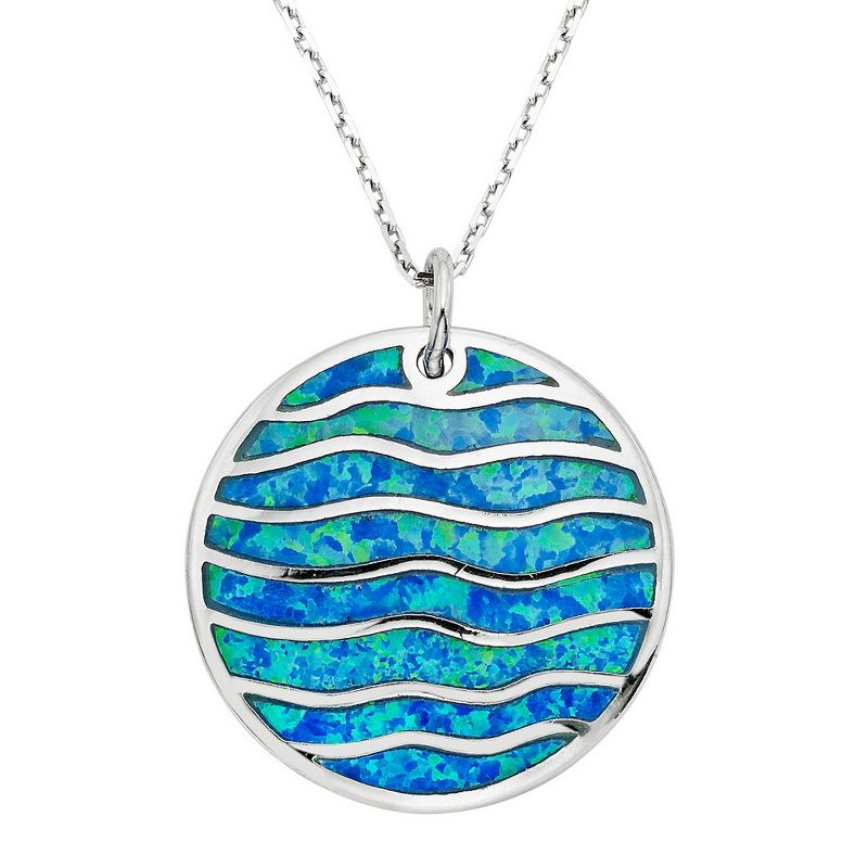 Opalata SSterling Silver Round Blue Inlay Opal Disc with Wavy Design 18" Pendant Necklace - Blue