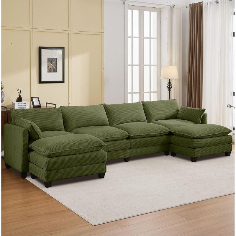 Hyleory 133" Corduroy U-Shaped Sectional Sofa, 4-Seater Couch with 2 Movable Ottomans, Modular Living Room Furniture