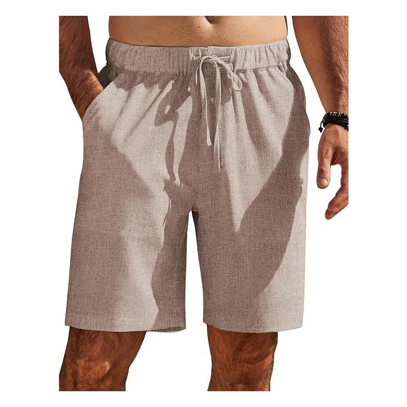 COOFANDY Mens Casual Shorts Elastic Waist Drawstring Shorts Summer Beach Linen Shorts Khaki M