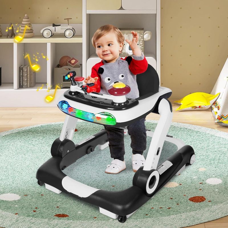 Kinder King 5-in-1 Baby Walker with Music & Lights, Activity Walker for Toddler, Adjustable Height, Safety Bumper, Black