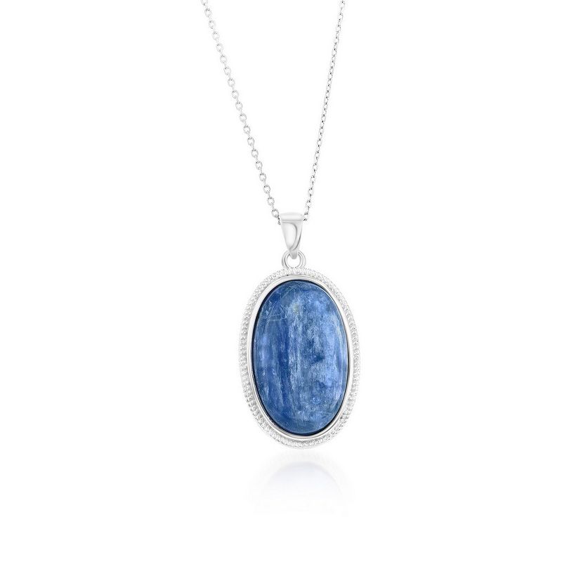 Simona Sterling Silver, Oval Kyanite, Beaded Border 18" Pendant Necklace - Blue