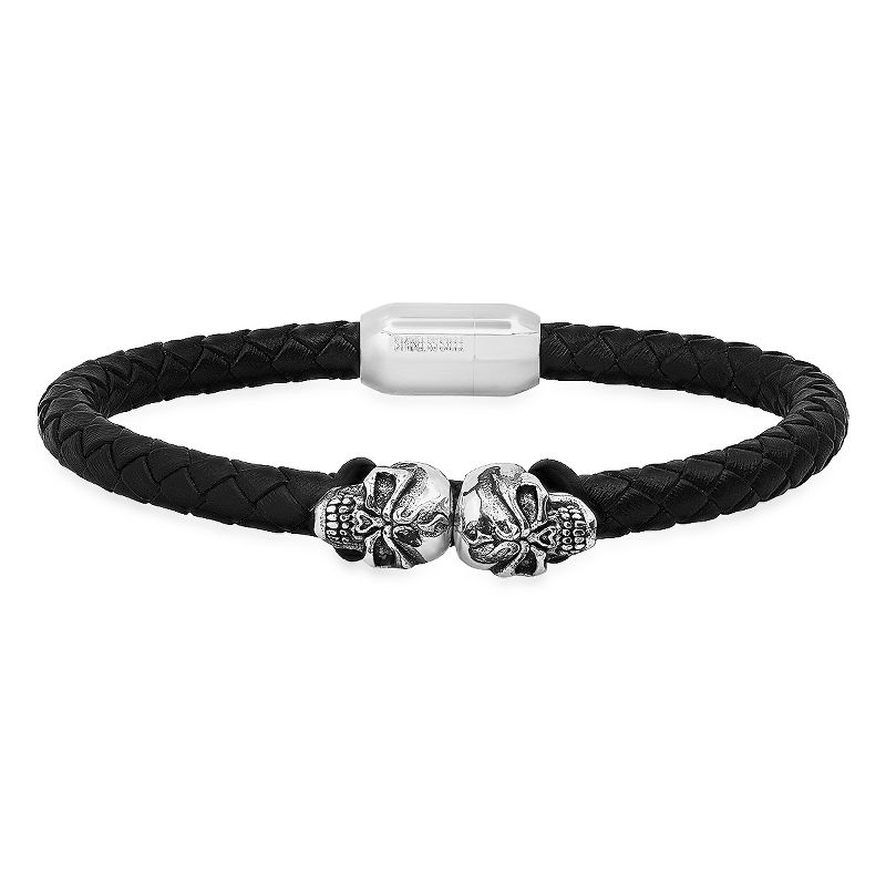 Steeltime Men's black braided leather and stainless steel skulls bracelet. Color Options: Silver, Gold