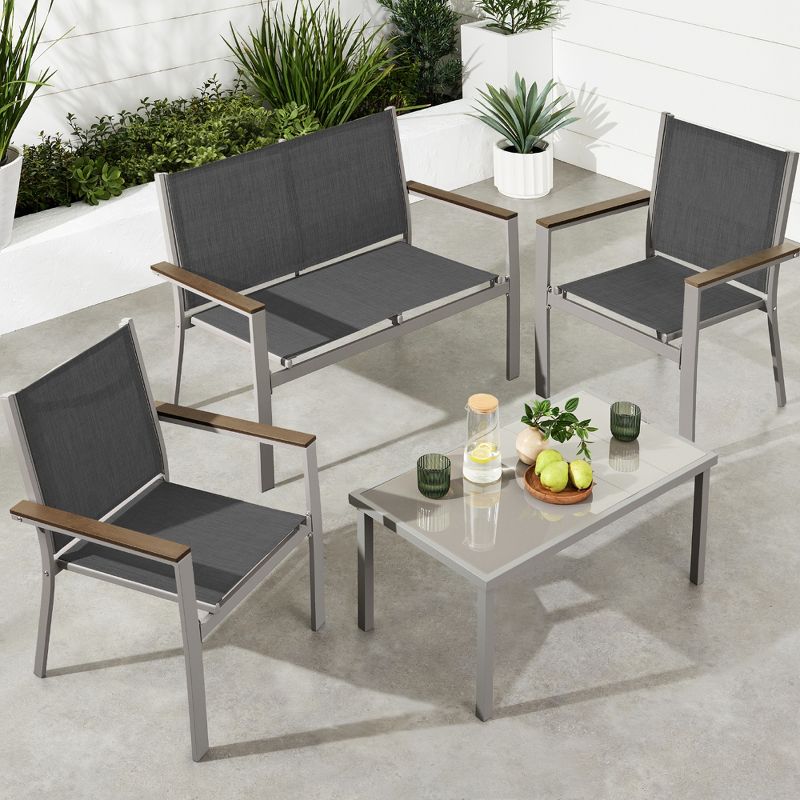 Best Choice Products 4-Piece Outdoor Textilene Patio Conversation Furniture Set w/ Loveseat, Table - Taupe/Charcoal