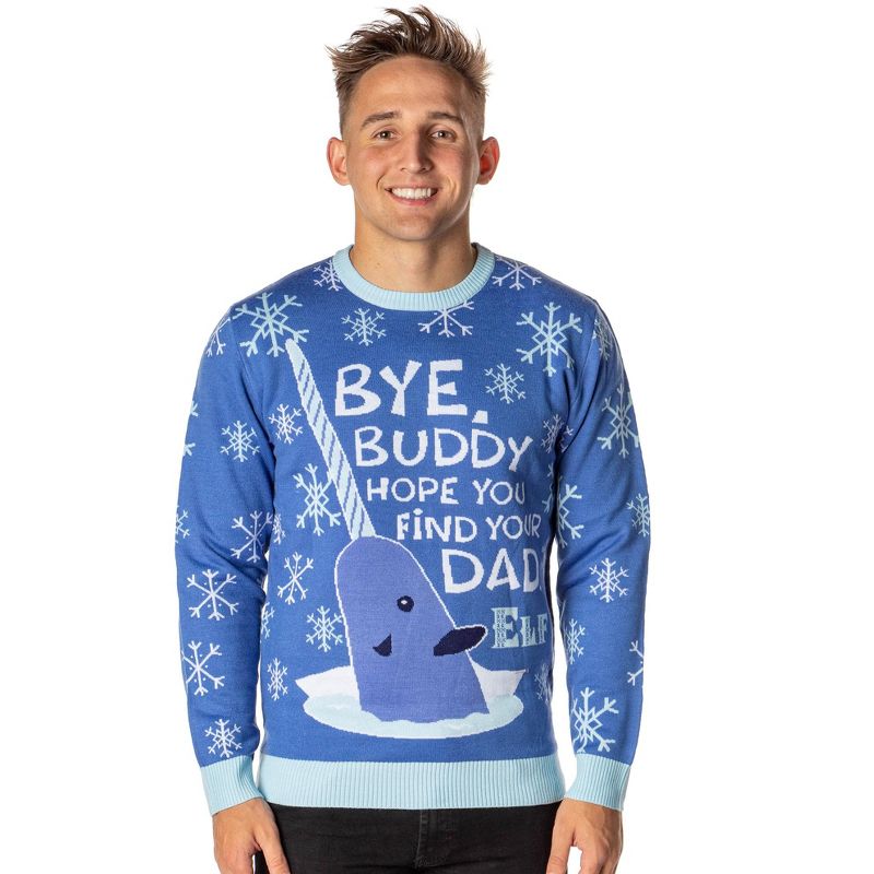 ELF The Movie Men's Mr. Narwhal Bye Buddy Ugly Sweater for Christmas Knit Pullover (Medium) Blue