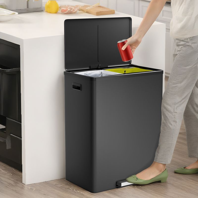 16 Gallon Dual Compartment Trash Can, Stainless Steel Garbage Can, Removable Barrel, Rectangle Recycling Bin with Soft-Close Lid, for Kitchen, Black