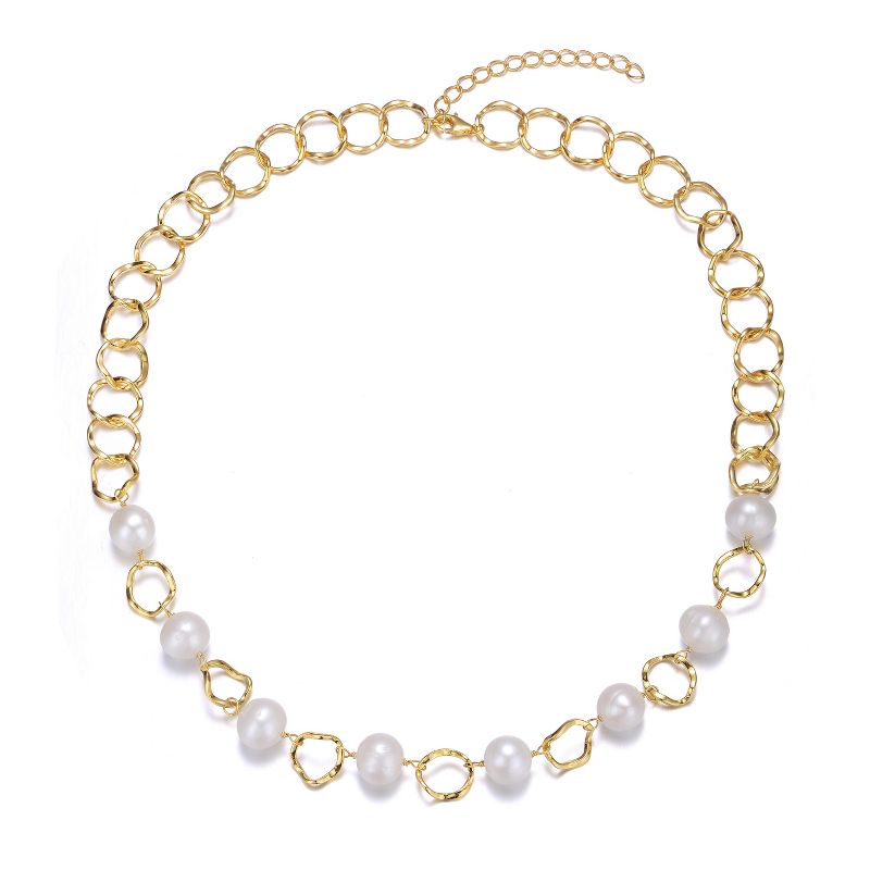 Guili Sterling Silver 14K Gold Plated Necklace with Freshwater Pearls and Zirconia Links, perfect elegant for day-to-night transitions.