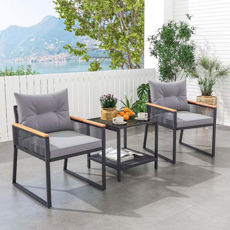 Costway 3 PCS Outdoor Conversation Set with 2-Layer Side Table Acacia Wood Armrests