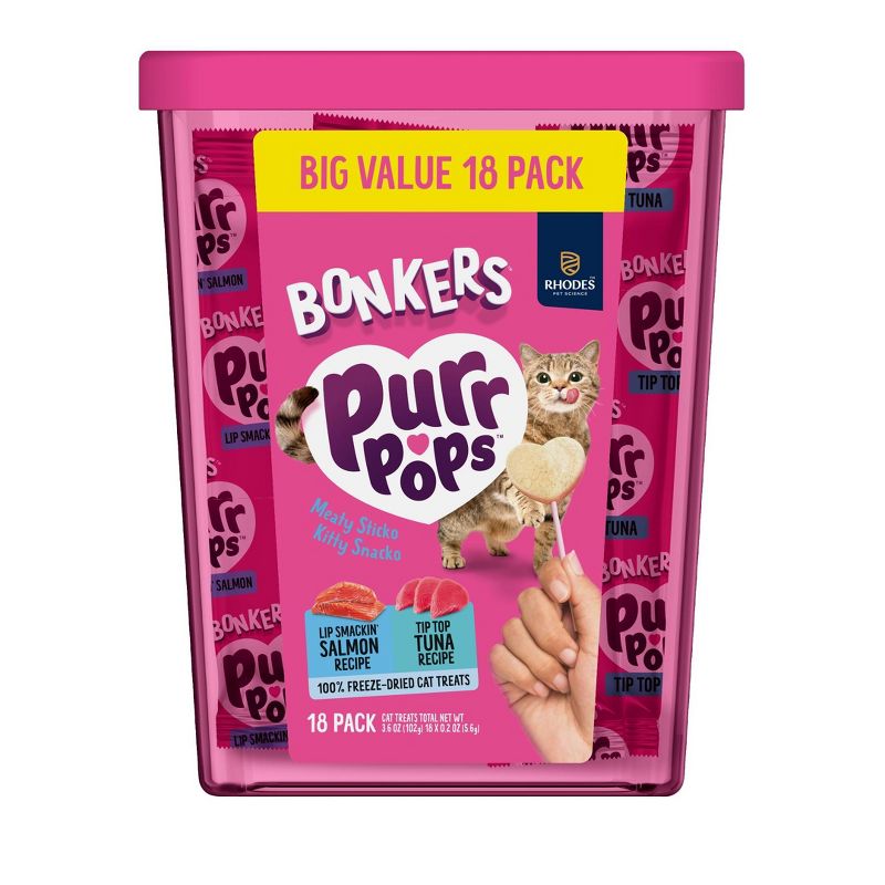 Bonkers Purrpops Freeze-Dried Tuna & Salmon Flavored Lollipop Cat Treats - 3.6oz/18ct